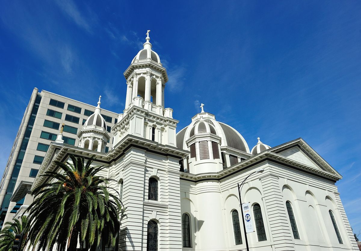 The portico and dome of the Cathedral Basilica of St. Joseph