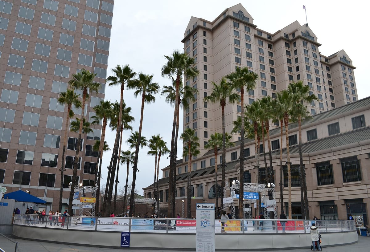 The winter ice rink inside the ring of palms at the Circle of Palms