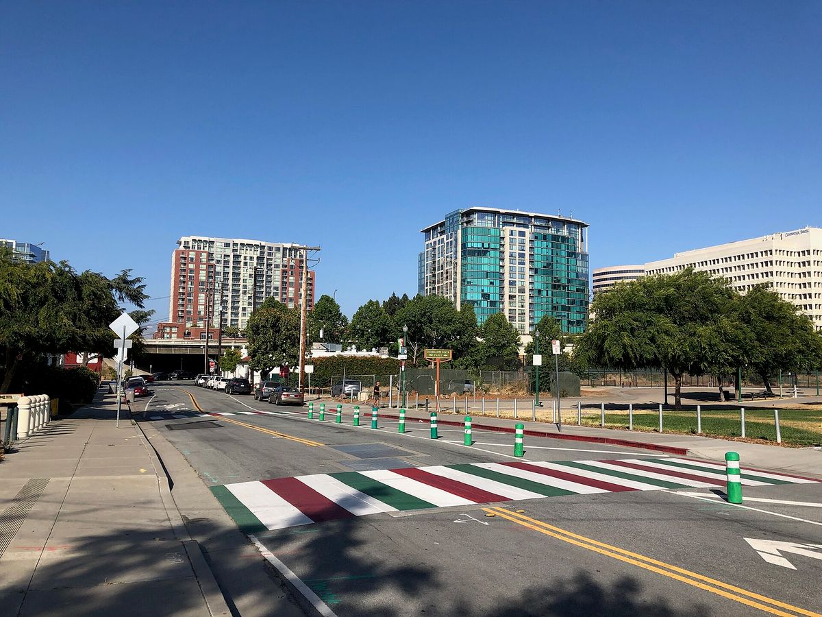The Guadalupe River Trail crossing West St. John Street near Little Italy