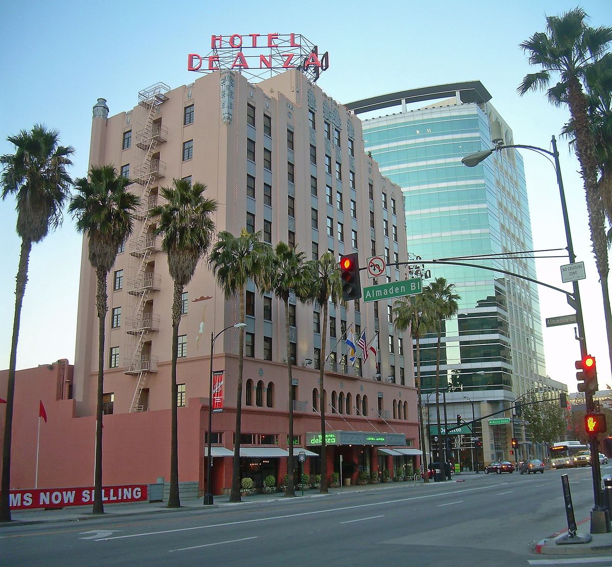 The Art Deco Hotel De Anza framed by palms
