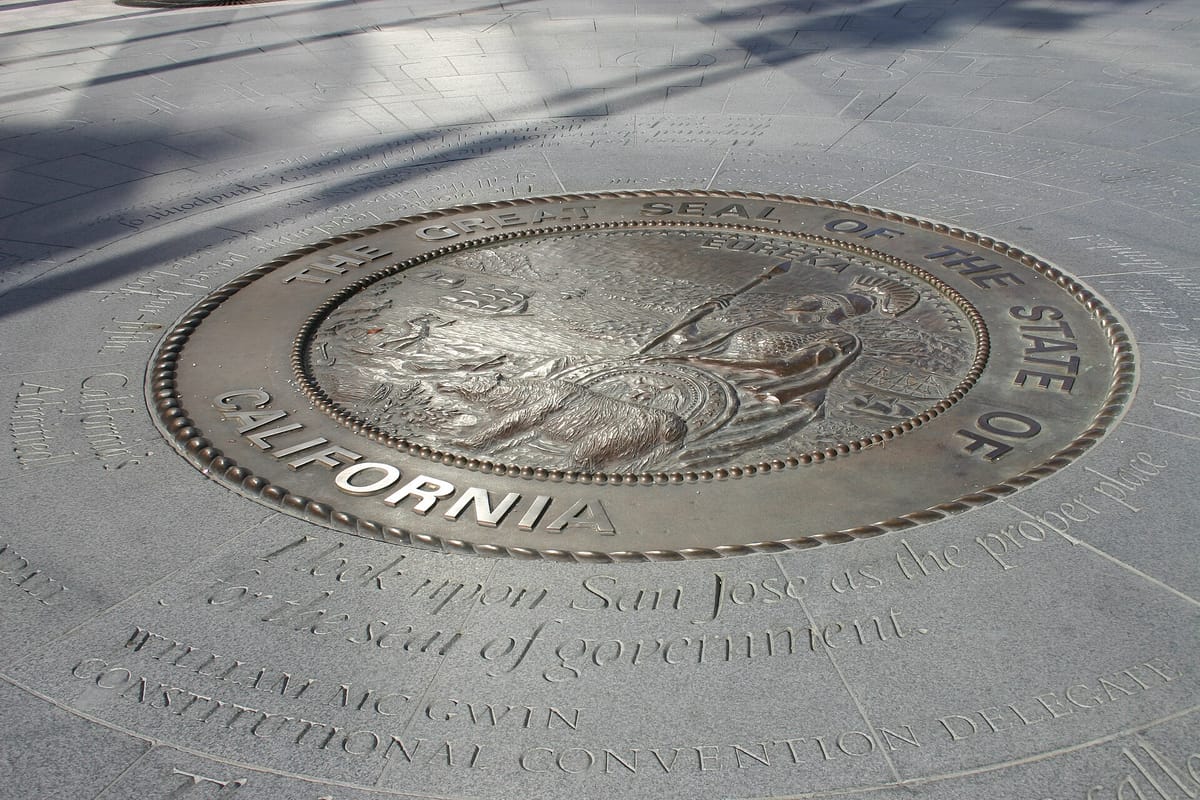The California state seal set in the paving at the Circle of Palms, site of the first state capitol