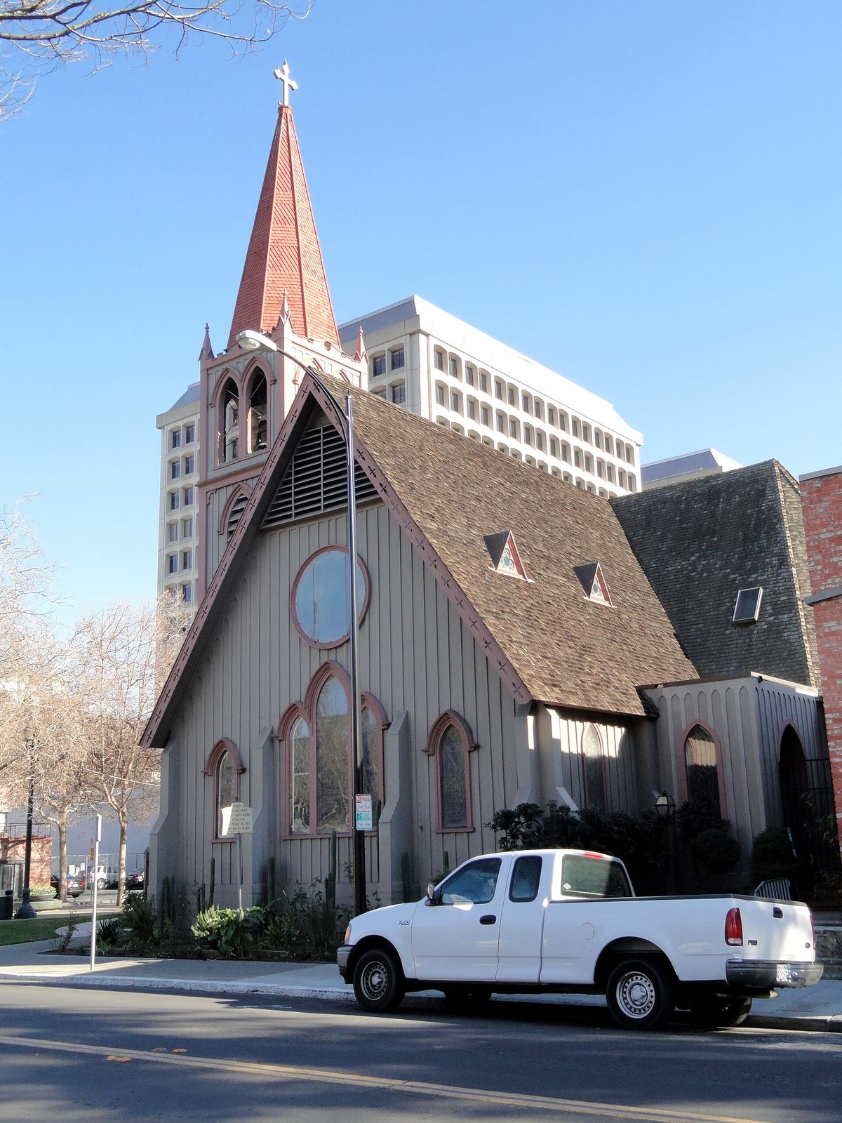 Trinity Episcopal Cathedral, the redwood church of 1863 on St. James Park