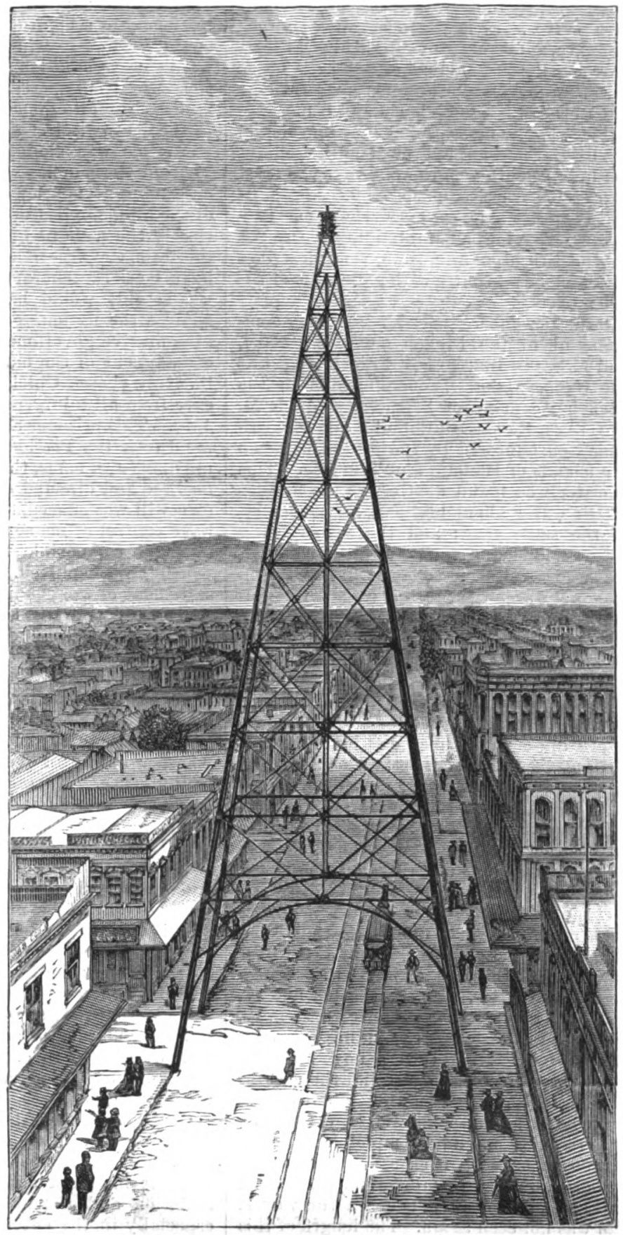 The electric light tower as drawn for Harper's Weekly in December 1881