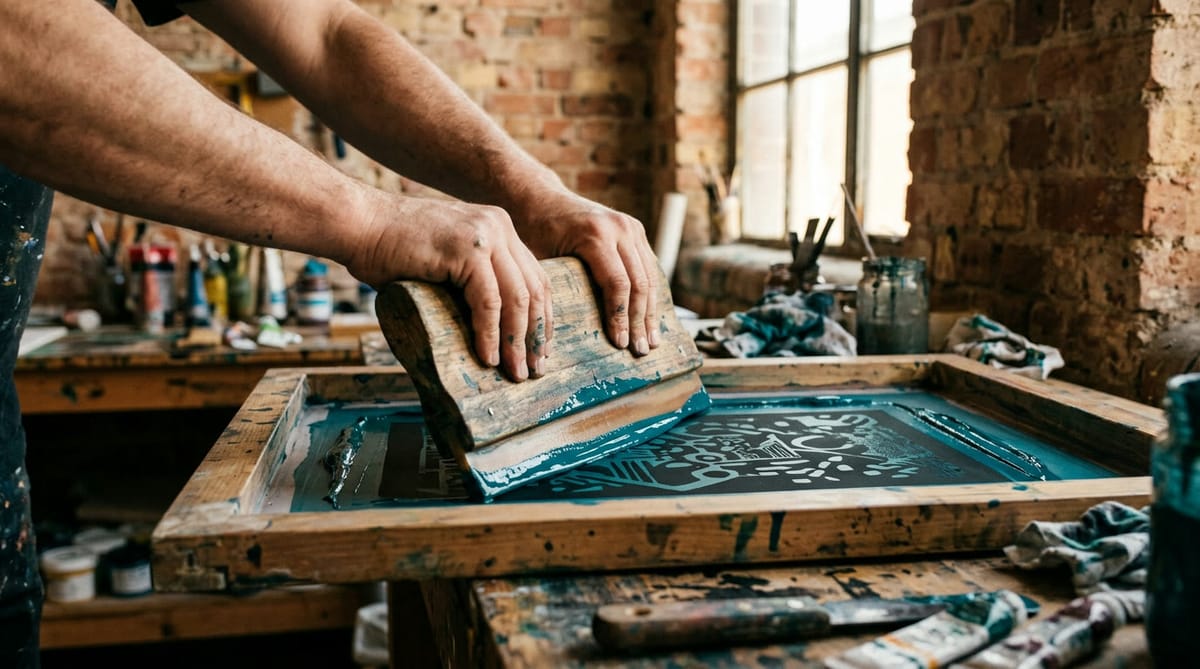 Hands screen-printing in a small downtown studio