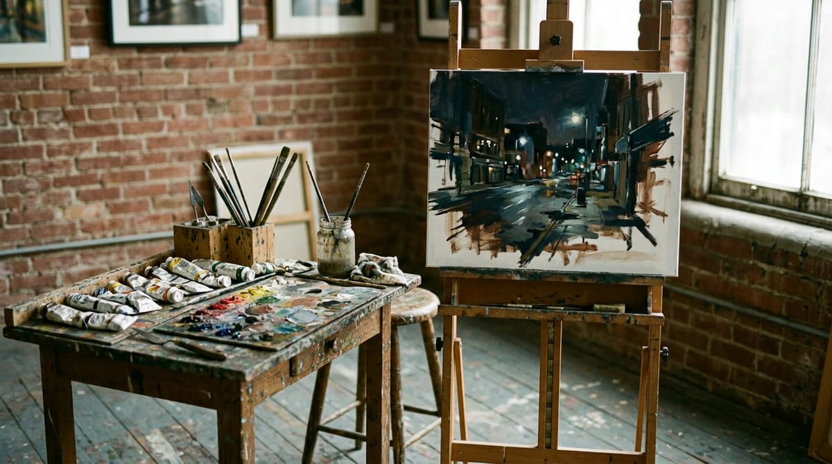 An easel and paints in a small brick-walled gallery studio